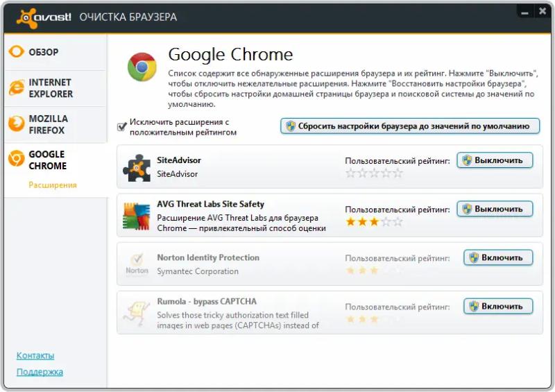 Отключаем нежелательные расширения браузера вместе с avast! Browser Cleanup